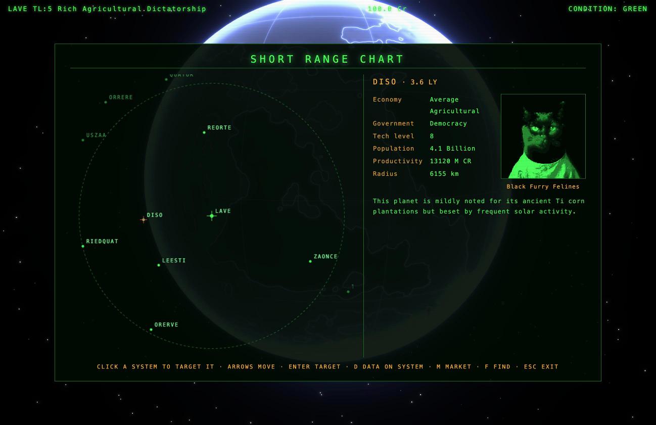 The short range chart showing nearby star systems and jump range